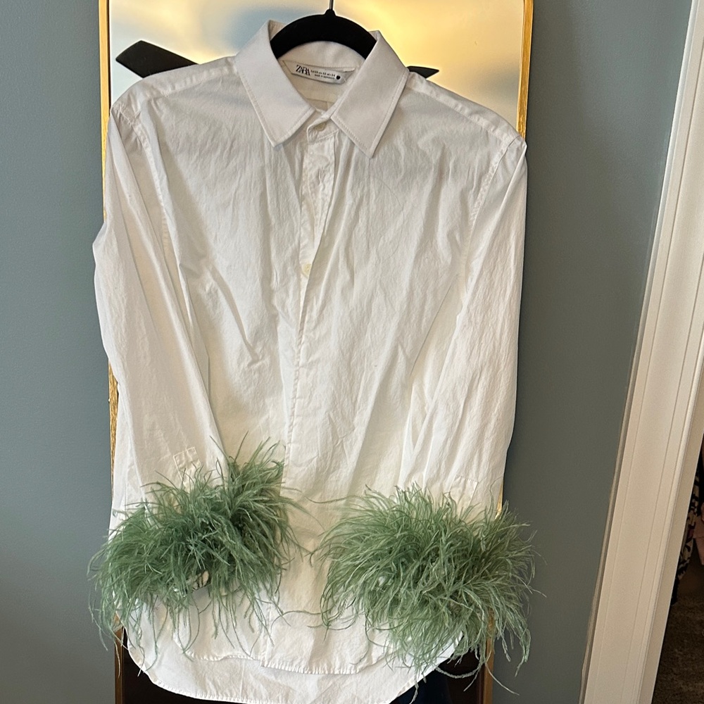 Zara White Shirt with Green Feather Cuffs
